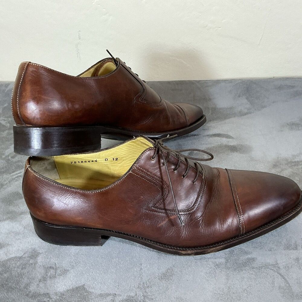 Santoni Cognac Cap Toe Dress Shoes Oxford 12 D Hand Made Luxury Footwear Men’s - Picture 7 of 10